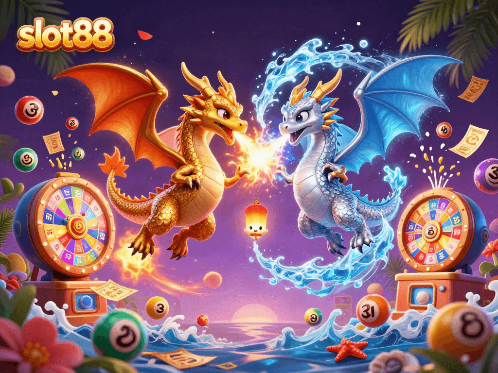 Engage with slot88 gameplay featuring 3D dragon duel and vibrant lottery elements.