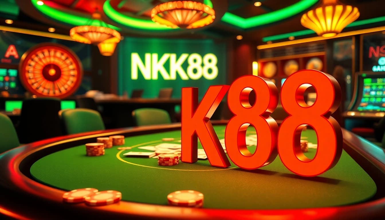 Experience the thrill of NK88 with vibrant casino action, poker chips, and a live dealer.