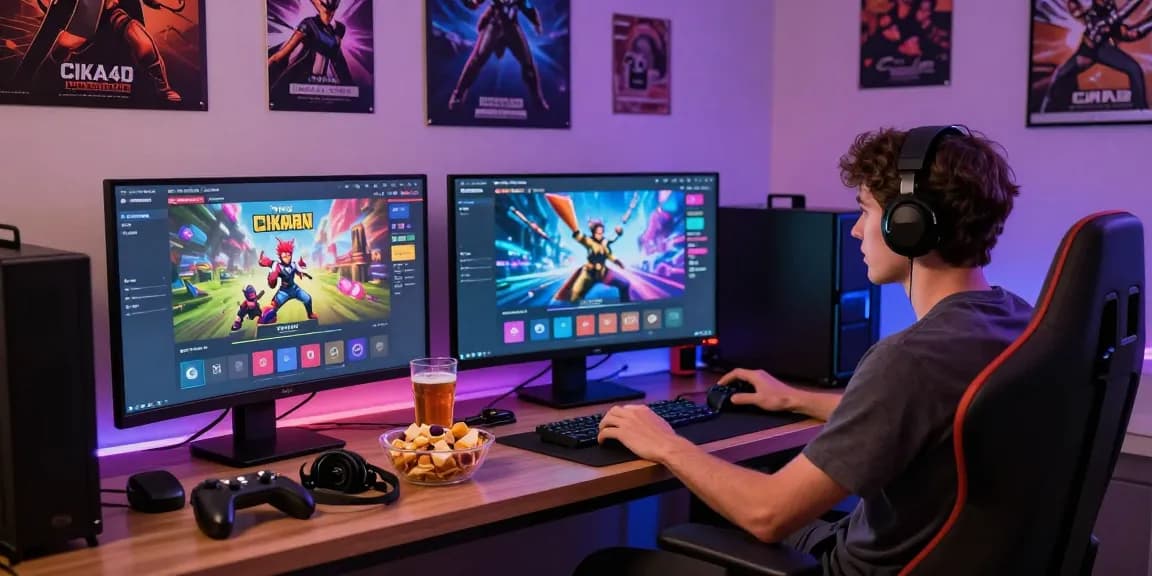 Engaged gamer enjoying CIKA4D online gaming platform in cozy room ambiance.