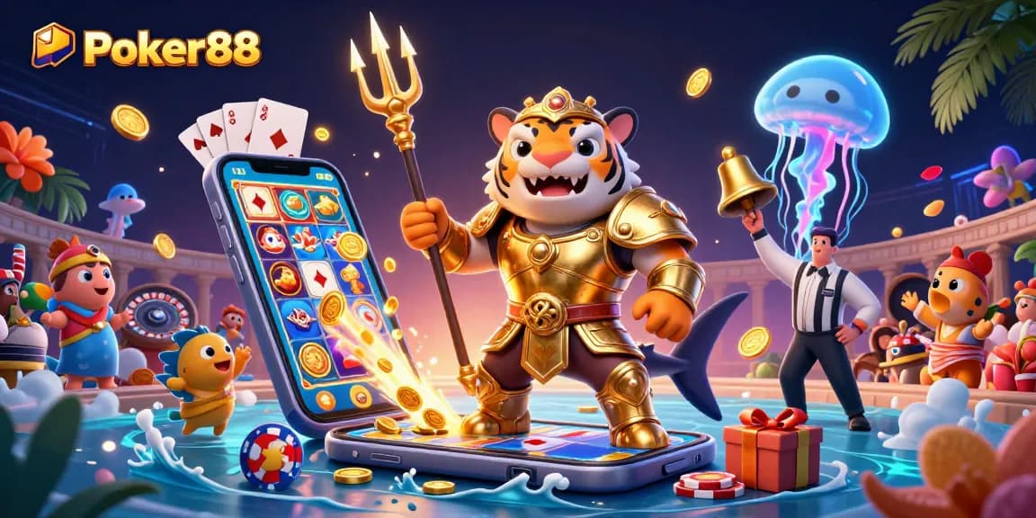 Experience the thrill of Poker88 with dynamic visuals of a shark gladiator and gaming elements.