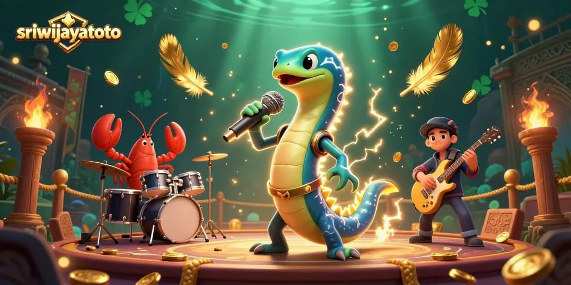 sriwijayatoto showcases an energetic underwater casino scene with electric eel DJing at a dynamic casino performance.