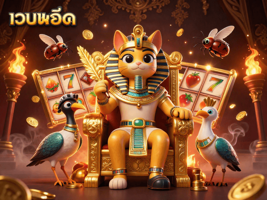 Experience เว็บสล็อต gameplay with an Egyptian pharaoh cat and slot reels bursting with gems and gold.