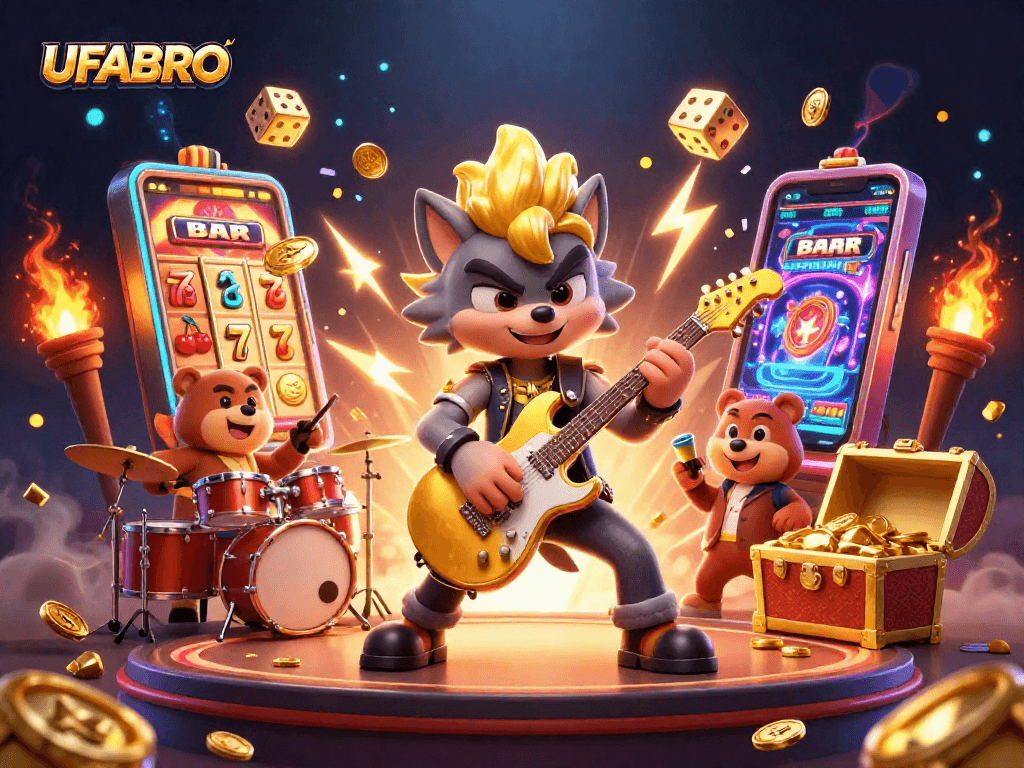 Experience thrilling slots at UFABRO with cartoon rock star wolf and jackpot excitement!