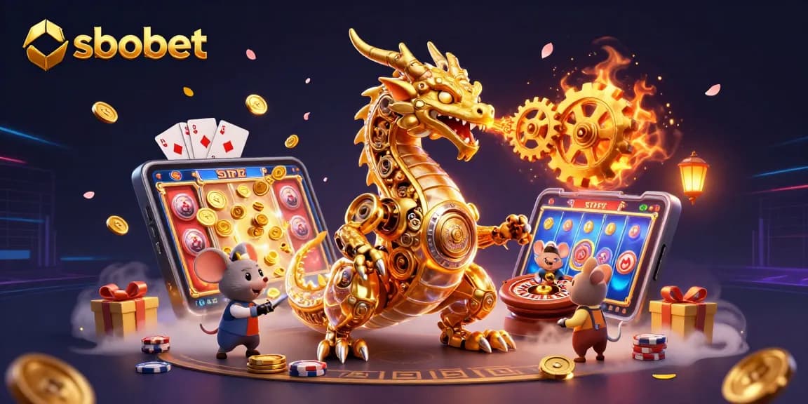 Sbobet sports betting scene featuring a golden dragon and vibrant gaming elements.