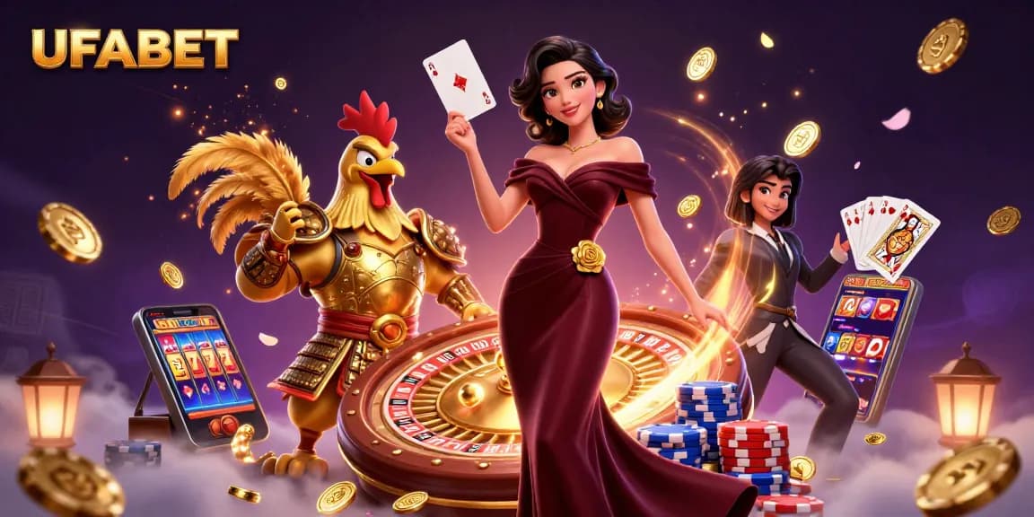 Experience the excitement of UFABET with dynamic casino imagery featuring slots, cards, and vibrant game elements.
