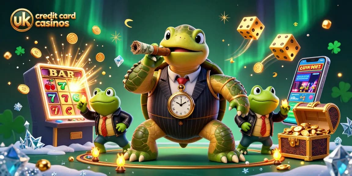 Engage with the vibrant uk credit card casinos scene featuring a snapping turtle and bullfrog enforcers amidst dynamic gaming elements.