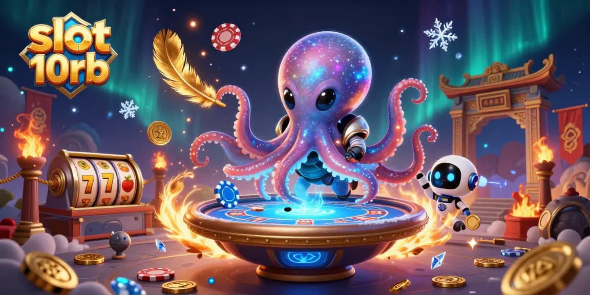 Spin and win with slot 10rb in a vibrant 3D scene featuring an alien octopus and robot companions.