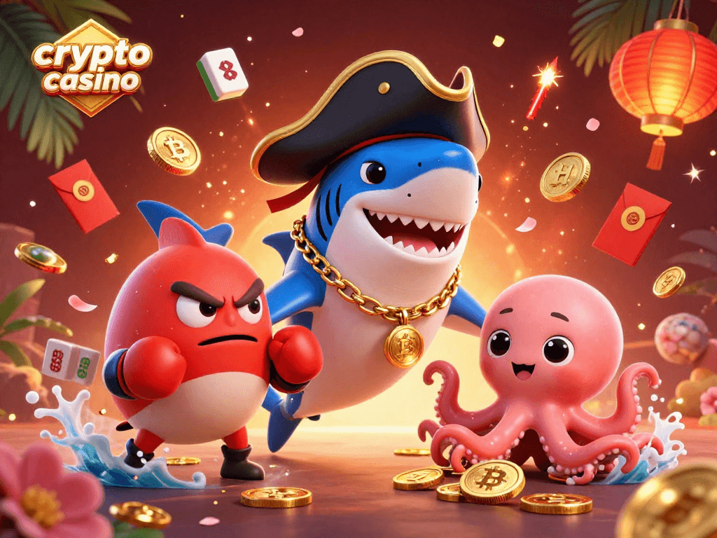 Engage with the vibrant world of crypto casino, featuring a playful pirate shark and friends with blockchain elements.