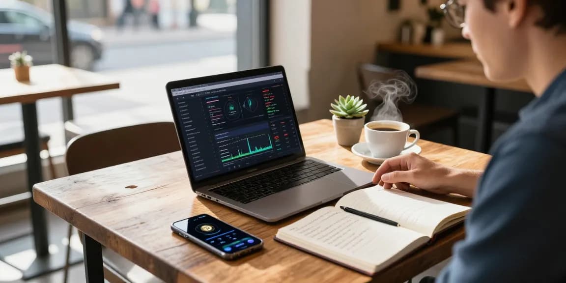 Cricbet user analyzing cryptocurrency trading strategies in a coffee shop with blockchain interfaces.