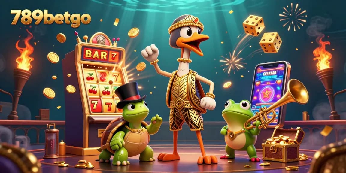 Win big at 789betgo with a lively casino scene featuring animated characters and vibrant slot themes.