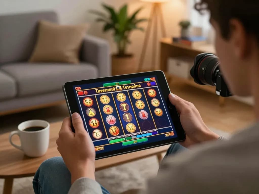 spinadvisor player enjoying slot games on tablet in cozy home setup, capturing online gaming excitement