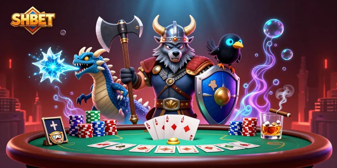Engage in thrilling poker action with SHBET, featuring a Viking warrior, fierce dragon, and rich casino elements.