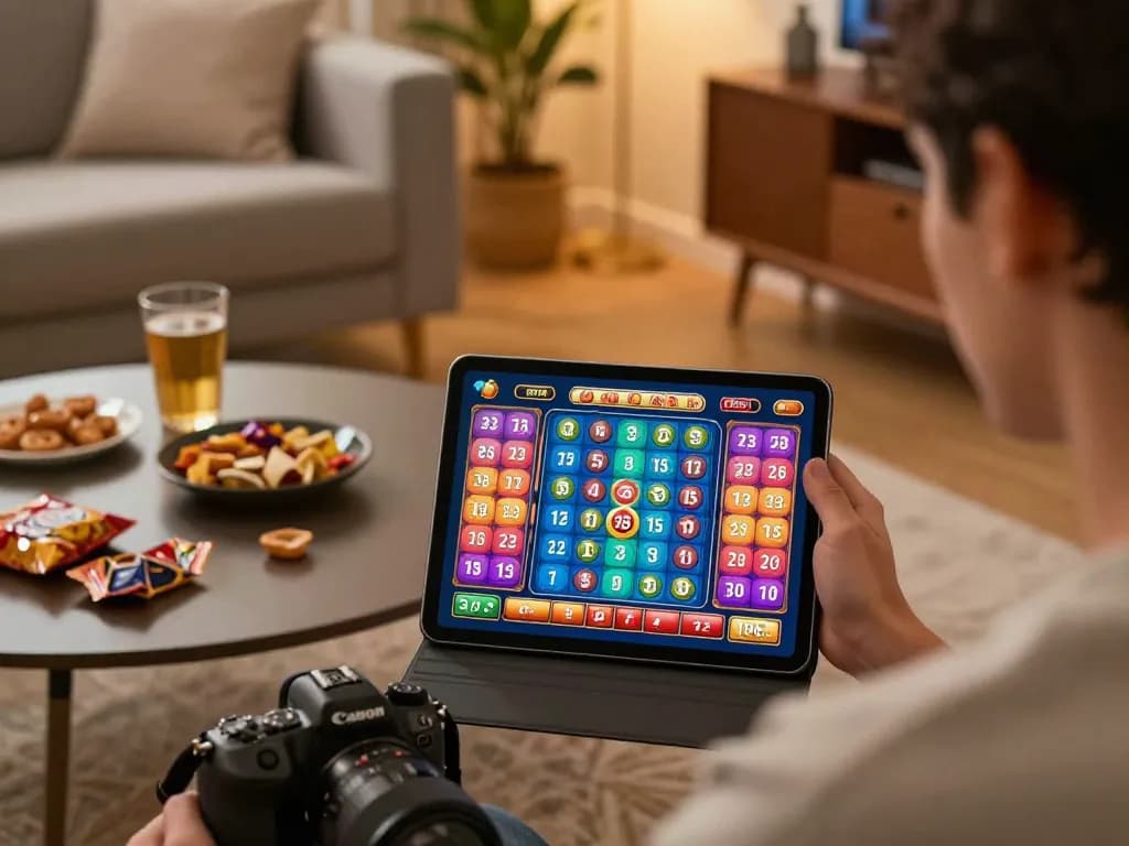 Orang yang terlibat dengan pengaturan permainan di rumah untuk toto togel, menampilkan tablet dengan antarmuka permainan