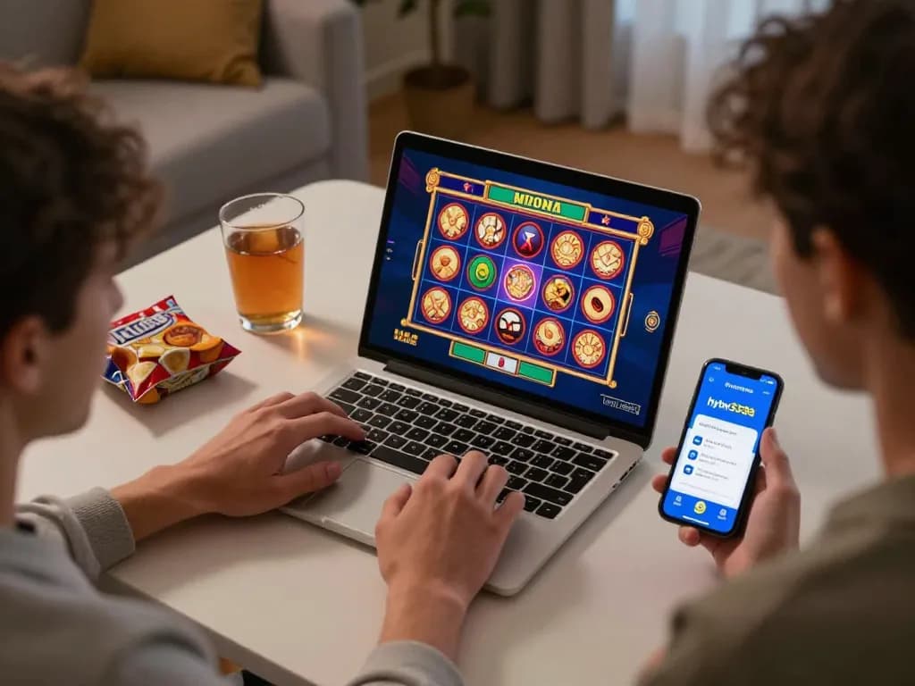 Player enjoying hytw3339a slots on a laptop with strategic notes at home.