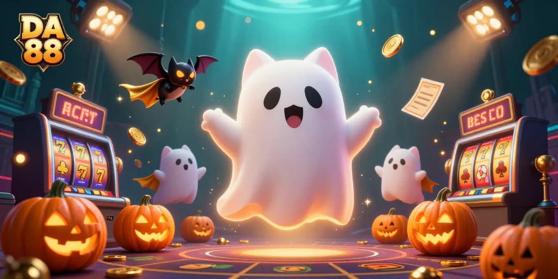 Immerse in the haunted casino world of DA 88 with a playful ghost cat, dynamic slot elements, and vibrant lighting.