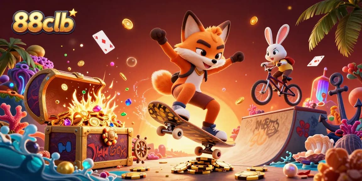 Engage with exciting 88clb gameplay through a vibrant casino-themed illustration, showcasing action and energy.