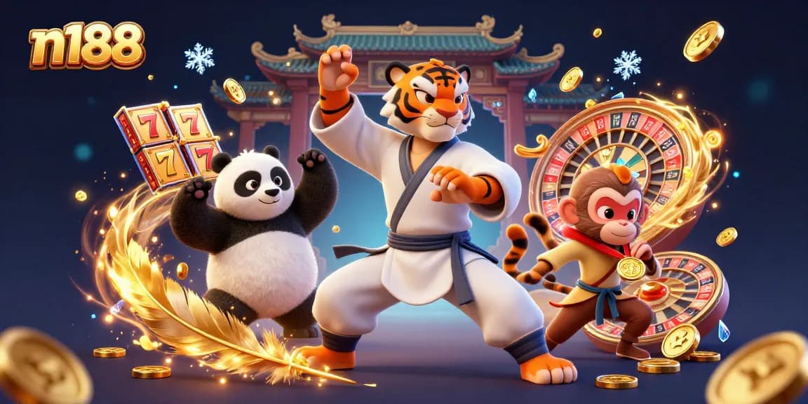 N188 provides an exciting gaming experience with a tiger master amidst vibrant casino elements.