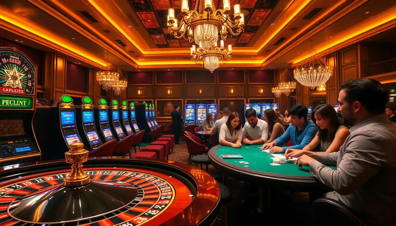 Players enjoying a thrilling round of live poker at LC88 casino, surrounded by vibrant slot machines.
