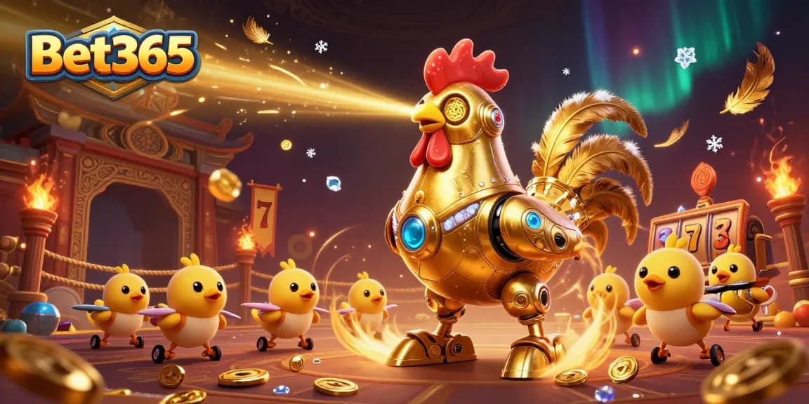 Bet365 gaming scene features a golden rooster robot and chick drones amidst vibrant slot reels and glowing coins.