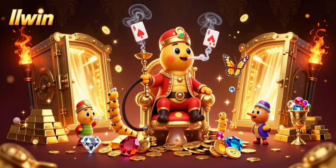llwin engages players with vibrant 3D illustration of a whimsical casino scene featuring a caterpillar hookah-master.
