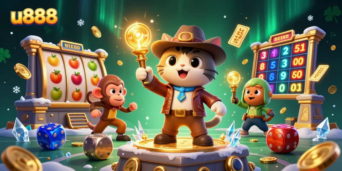 Experience the thrilling world of u888 casino with a cat discovering golden artifacts surrounded by dynamic slot reels.