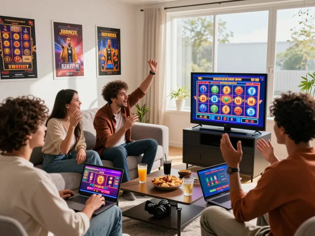 Exciting group of friends enjoying link gacor slot games in a vibrant living room with snacks.