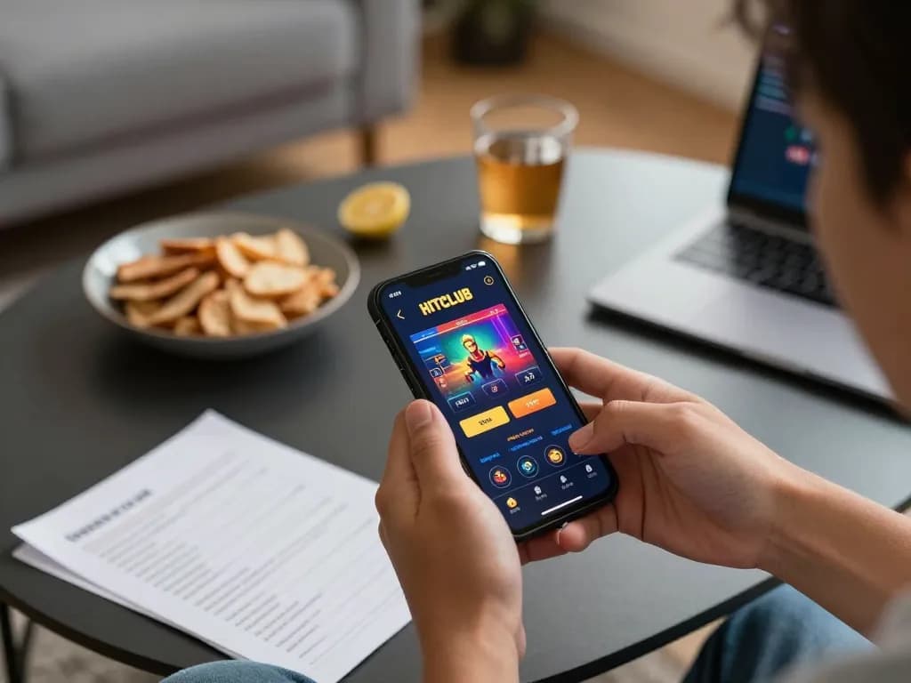 Player engaging with HITCLUB app on smartphone in a cozy home setting while enjoying the game.