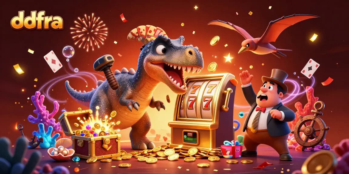 ddfra showcases a dynamic 3D scene with a dinosaur celebrating slot machine wins, depicting thrilling casino excitement.