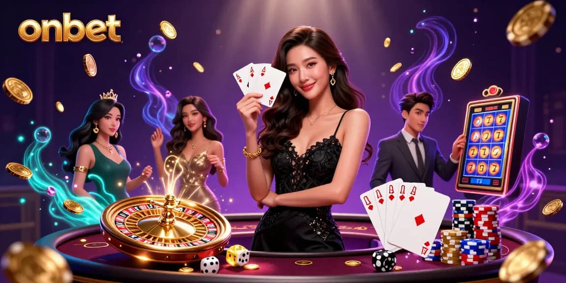 Engage with onbet's thrilling casino experience featuring an elegant lady holding poker cards amidst vibrant gaming elements.