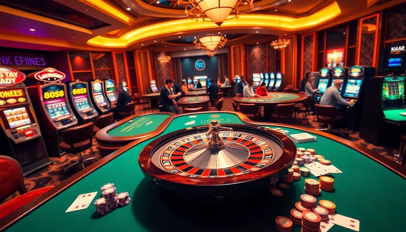 Experience the excitement of winning at fun79, with an energetic casino scene featuring roulette and poker tables.