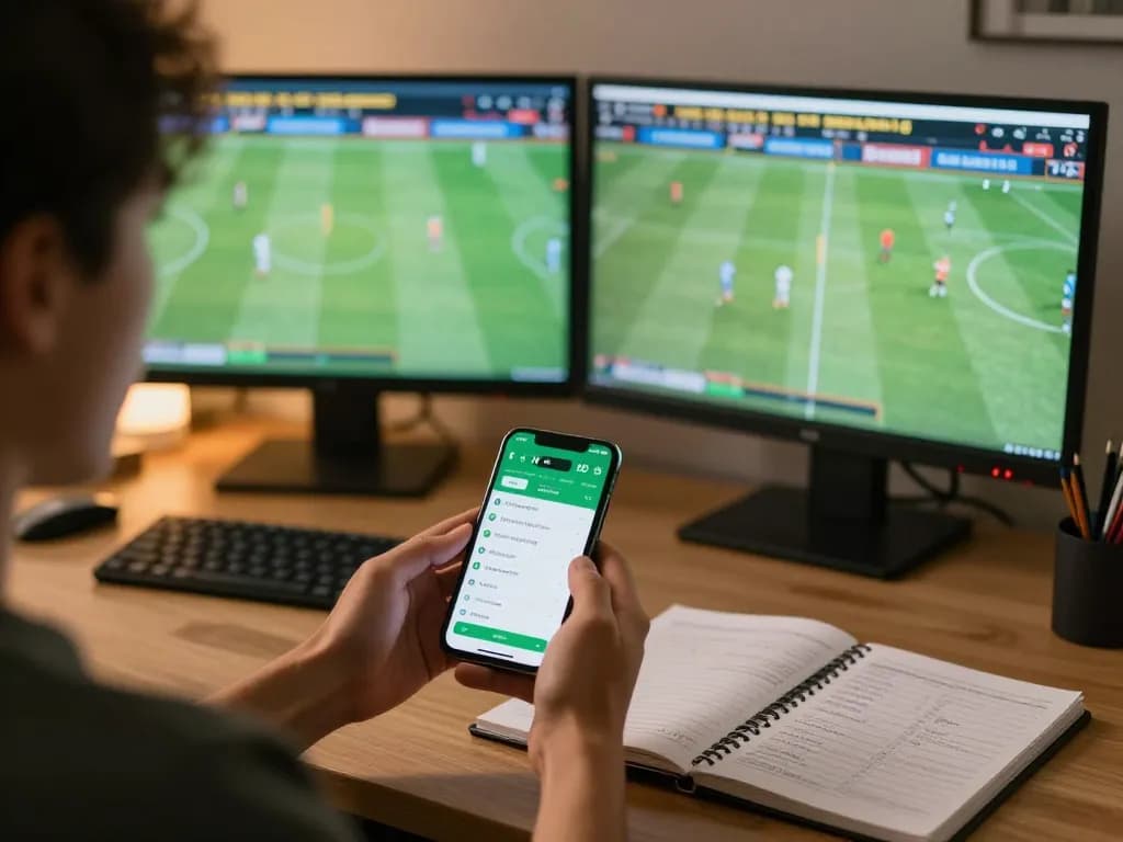 Engaged user placing bets on the cm88 sports betting app during live matches, with strategic notes visible.