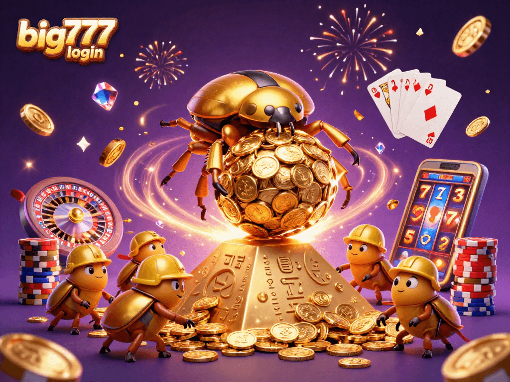 Roll into fun with big777 login featuring a golden beetle and casino treasures.
