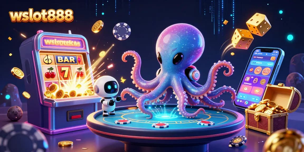 Mencoba wslot888 dengan cumi-cumi alien 3D bermain poker sambil dikelilingi simbol jackpot dan koin emas.