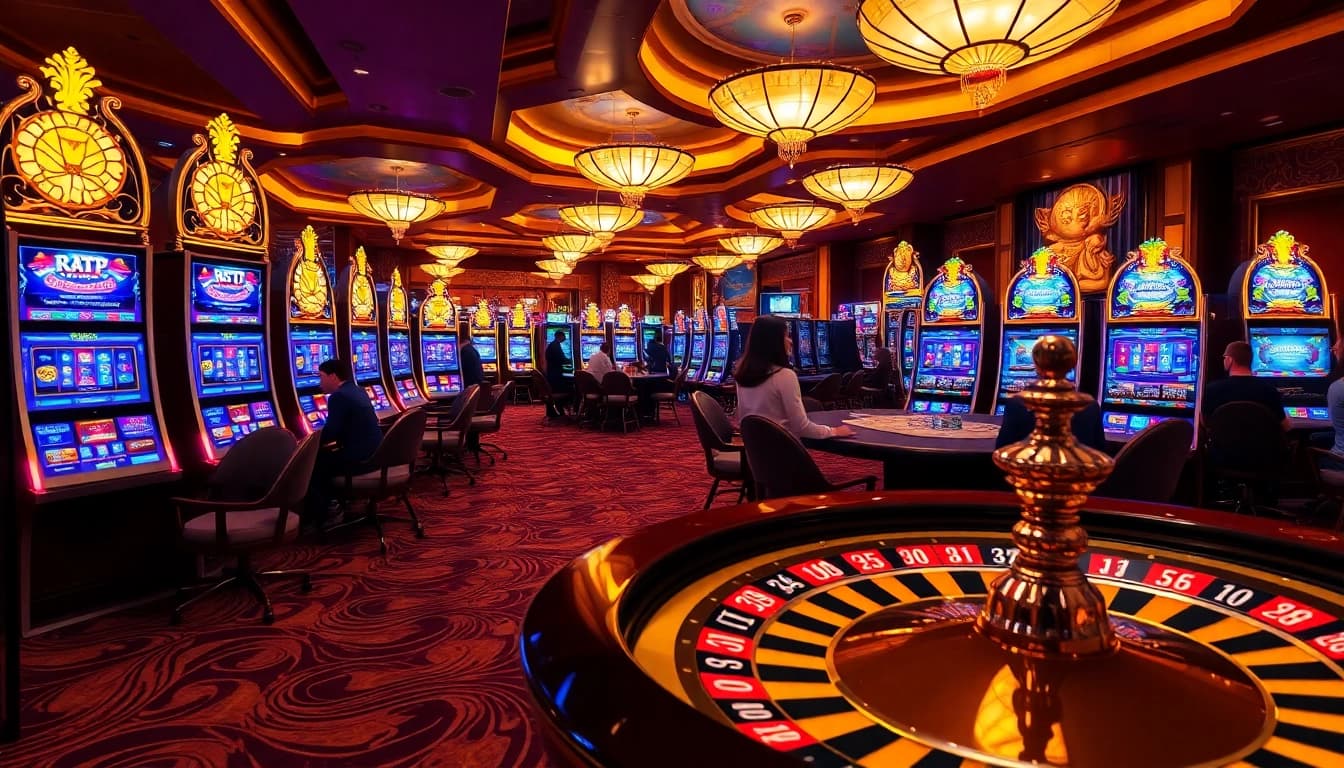 Experience thrilling slot gacor action amidst a vibrant casino atmosphere with players winning big.