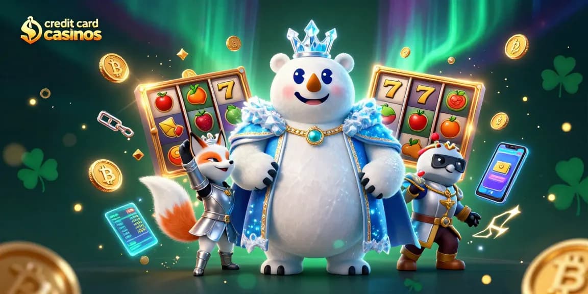 Experience thrilling gameplay at credit card casinos with a vibrant 3D illustration featuring a polar bear king and fox.