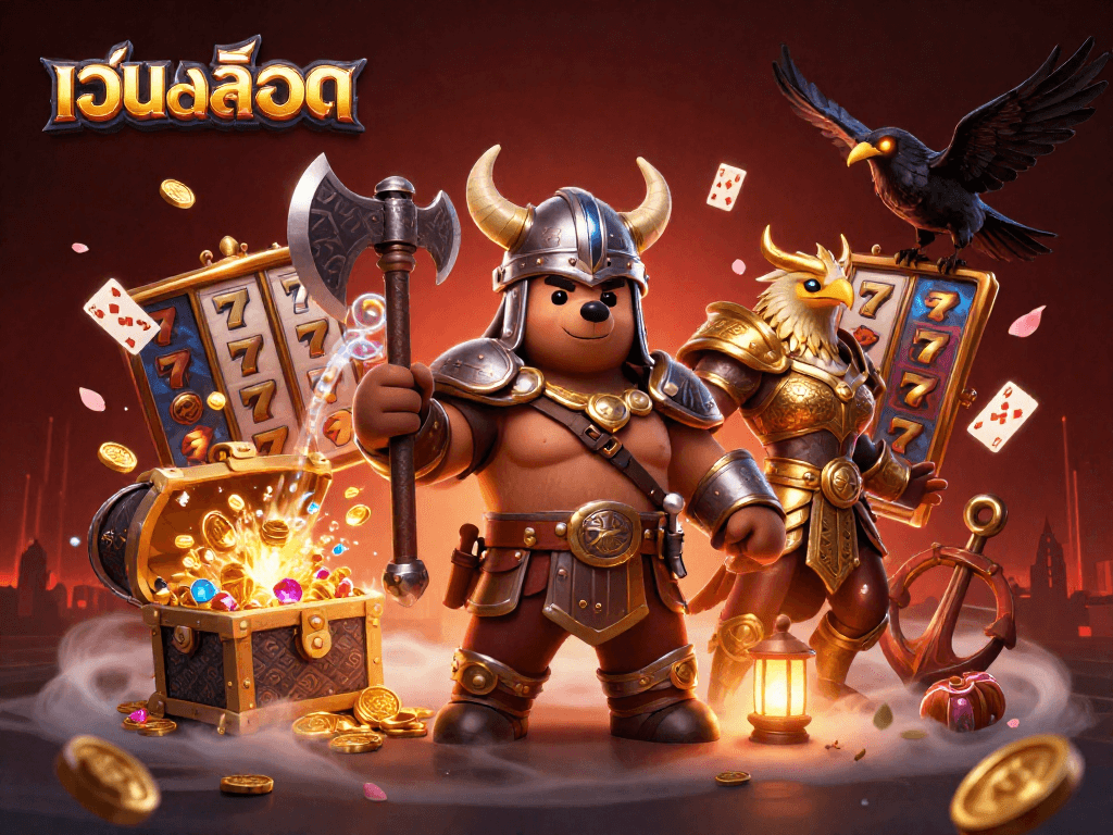 Exciting เว็บสล็อต illustration showcasing dynamic characters surrounded by vibrant slot reels and treasures.