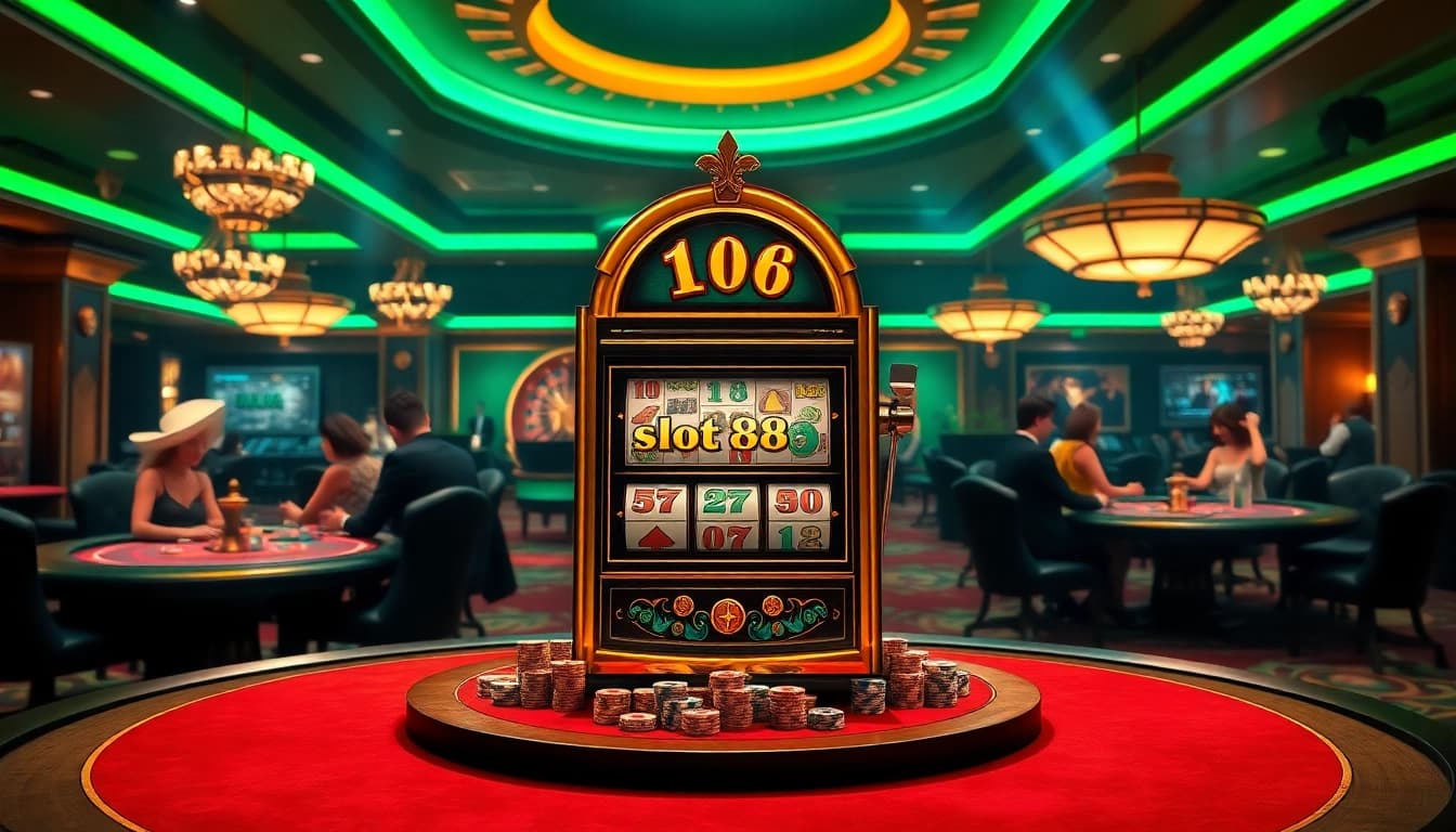 Players enjoying the vibrant atmosphere around the slot88 machine in an elegant casino setting.