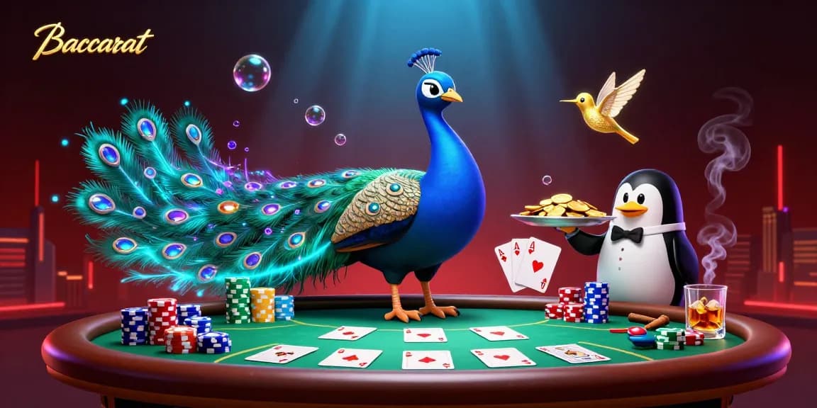 Baccarat gameplay highlights an aristocratic peacock and a butler penguin amidst colorful poker chips and giant playing cards.