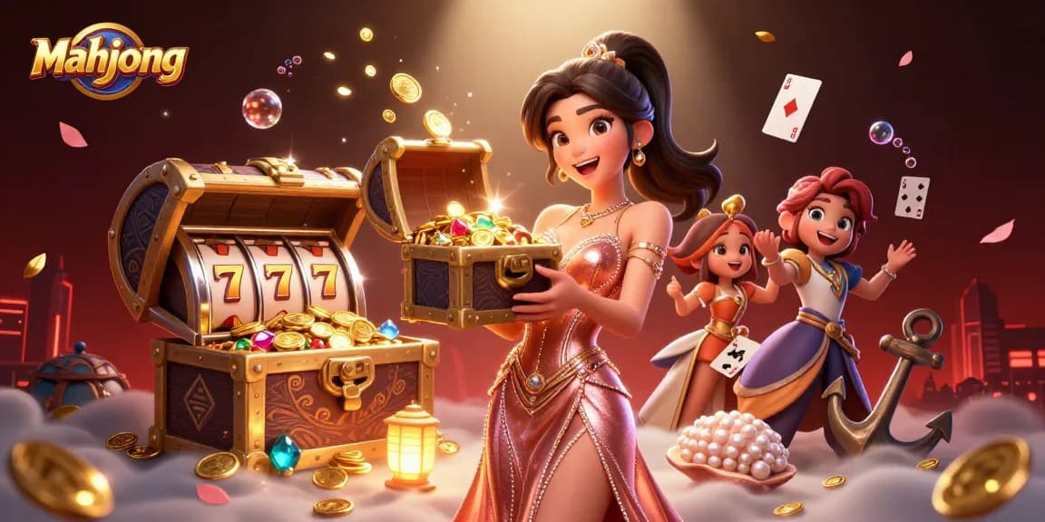 Engage in mahjong excitement with vibrant casino action and treasure-filled scenes