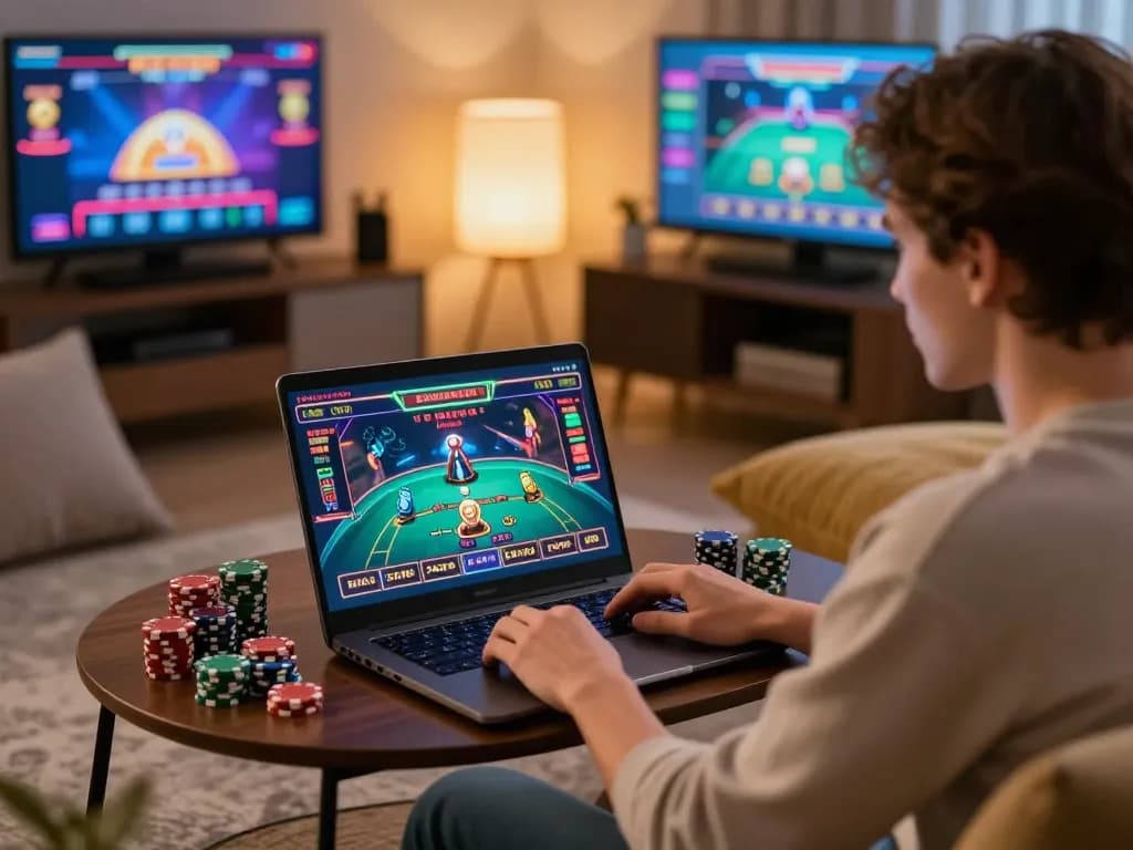 Engaging fun88 online casino gameplay with live dealer on laptop in cozy home setting.