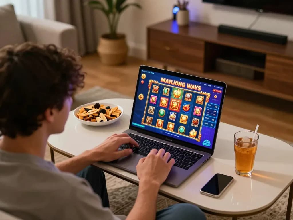 Player enjoying a win on the slot mahjong game in a cozy home environment, engaging with vibrant visuals and cozy decor.