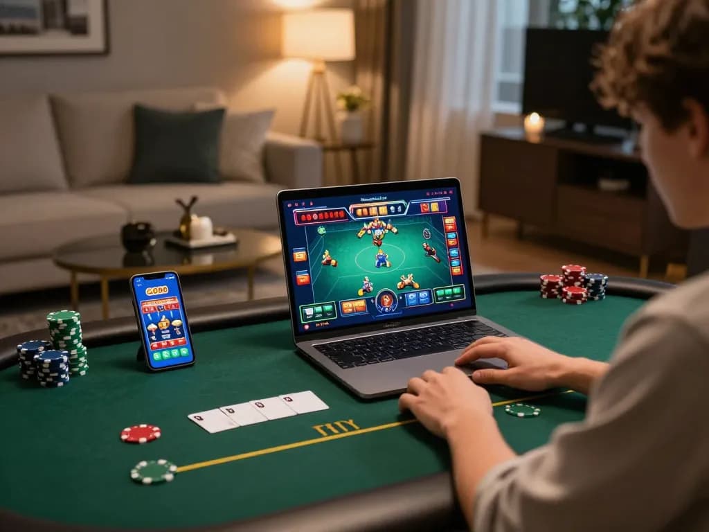 Player strategizing on the GO88 app during a poker game in a cozy home setting