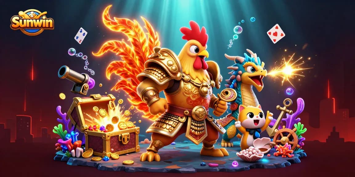 Sunwin's vibrant gaming scene with a warrior rooster, armored dragon, and treasures, captivating players in 2026.