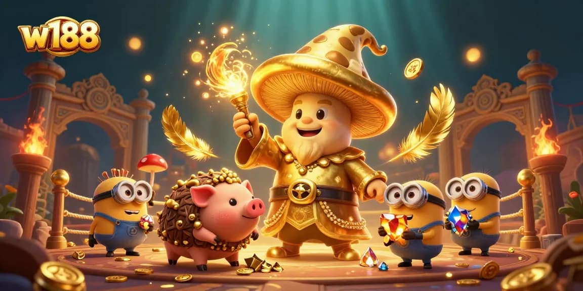 Engage in thrilling gameplay with W188 as the golden wizard conjures treasures while exploring dynamic casino landscapes.