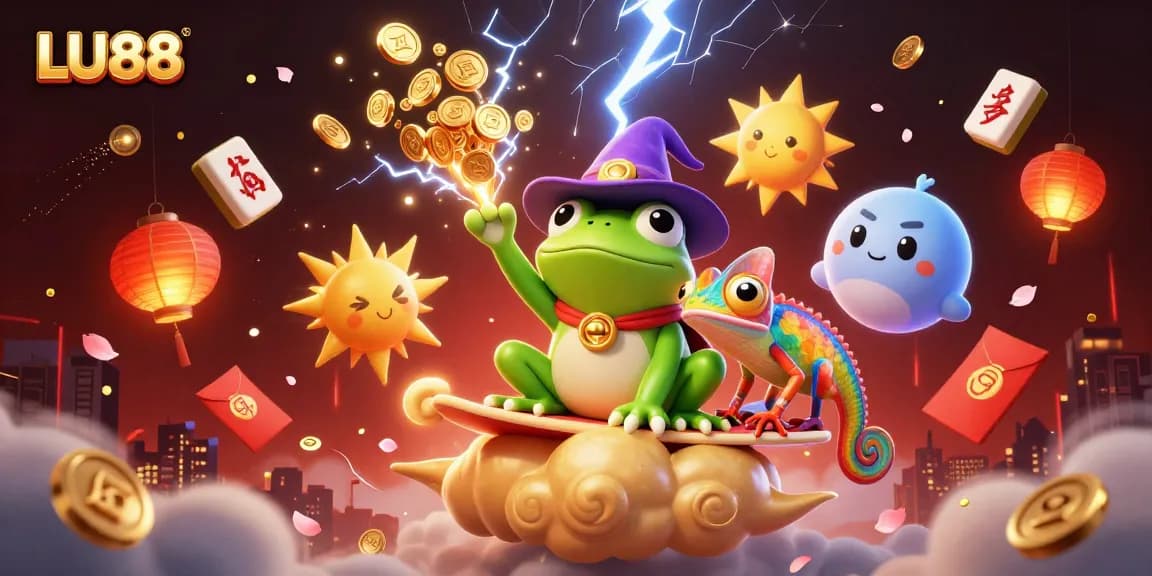 LU88 engages players with a vibrant scene of a wizard frog and chameleon amidst a storm of coins.
