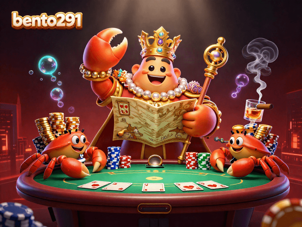 Experience thrilling poker action with bento291's golden crab emperor surrounded by a vibrant casino scene.