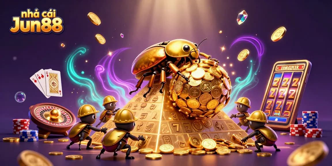 Play and win at Nhà cái Jun88 with vibrant casino elements and golden treasures.