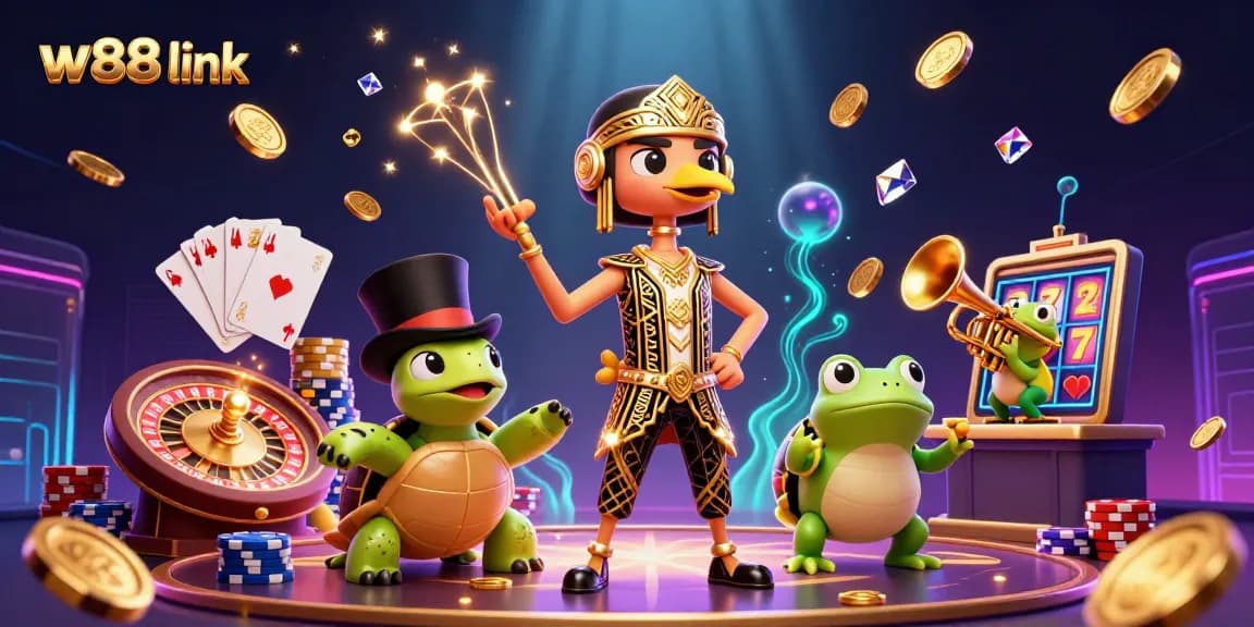 Engage with a vibrant scene showcasing w88 link, featuring lively casino characters and dynamic game elements.