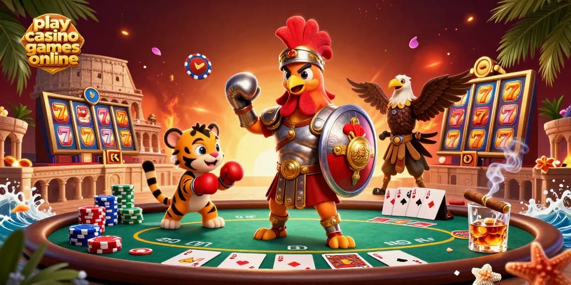 Experience the thrill to play casino games online with a dynamic gladiator scene featuring poker elements.
