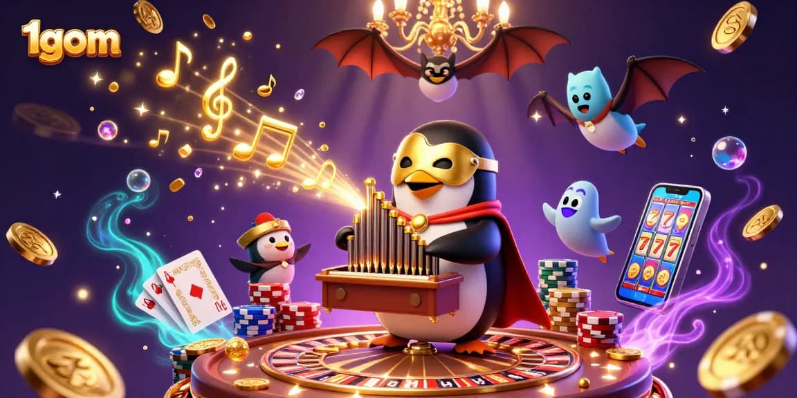 Experience thrilling action with 1gom as golden coins cascade from a whimsical penguin organist.